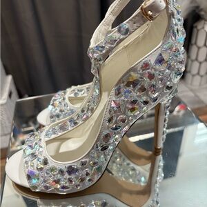 Privileged White Crystal Embellished T-Strap Heels